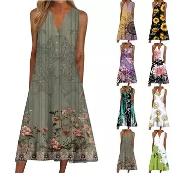 Женское летнее платье, повседневное пляжное свободное платье без рукавов с v-образным вырезом и принтом L имбирный