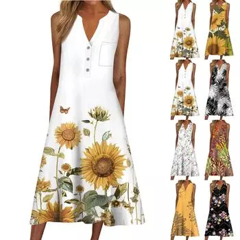 Женское летнее платье, повседневное пляжное свободное платье без рукавов с v-образным вырезом и принтом L чёрный