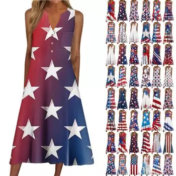 Женское летнее платье, повседневное пляжное свободное платье без рукавов с v-образным вырезом и принтом L синий