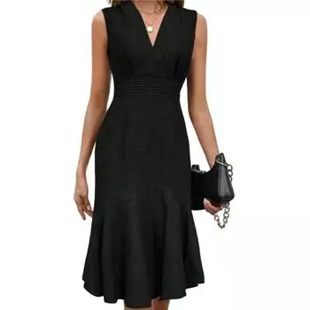 Женское летнее платье, повседневное, с V-образным вырезом, без рукавов, платье-рыбий хвост, миди, коктейльное, облегающее XXL чёрный