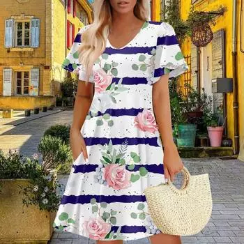 Женское летнее платье повседневное свободное цветочное оборка с коротким рукавом сарафан пляжное платье А-силуэта с карманами XXL киноварь