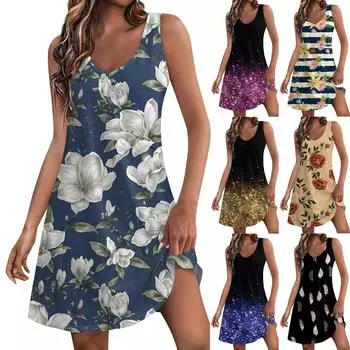 Женское летнее платье, повседневные свободные длинные платья с принтом для пляжного отдыха L синий