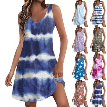 Женское летнее платье, повседневные свободные длинные платья с принтом для пляжного отдыха L синий