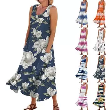 Женское летнее платье, повседневные свободные длинные платья с принтом для пляжного отдыха L синий