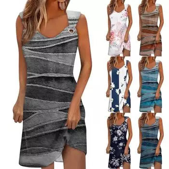 Женское летнее платье, повседневные свободные длинные платья с принтом для пляжного отдыха L синий