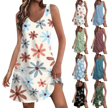 Женское летнее платье, повседневные свободные длинные платья с принтом для пляжного отдыха L бежевый