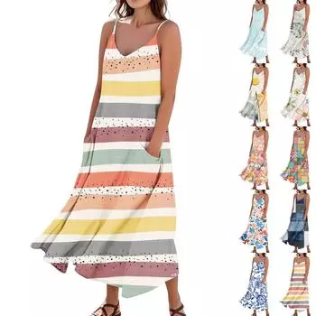 Женское летнее платье, повседневные свободные длинные пляжные платья для отдыха L синий
