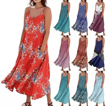 Женское летнее платье, повседневные свободные длинные пляжные платья для отдыха L синий