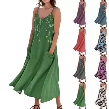 Женское летнее платье, повседневные свободные длинные пляжные платья для отдыха L бежевый