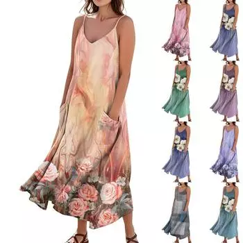 Женское летнее платье, повседневные свободные длинные пляжные платья для отдыха L синий