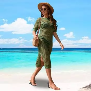 Женское летнее платье-прикрытие с круглым вырезом и половиной рукава, сплошной цвет, полый прозрачный купальник-бикини, свободный крой, вязаный пуловер, купальник, накидка M хаки