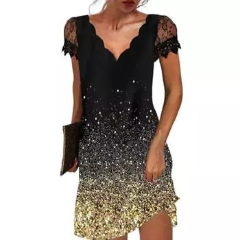 Женское летнее платье прозрачное кружево в стиле пэчворк с цветочным принтом и V-образным вырезом трапециевидной формы со свободным подолом и короткими рукавами OL мягкое мини-платье для свиданий M