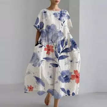 Женское летнее платье, яркое, с цветовым сочетанием, с круглым вырезом, с коротким рукавом, свободного покроя, в стиле бохо, длиной до середины голени, для пляжного отдыха, миди-платье L оранжевый