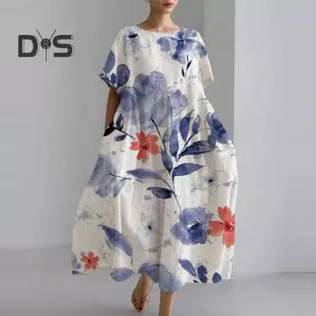 Женское летнее платье, яркое, с цветовым сочетанием, с круглым вырезом, с коротким рукавом, свободного покроя, в стиле бохо, длиной до середины голени, для пляжного отдыха, миди-платье L оранжевый