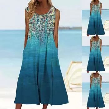 Женское летнее платье-рубашка с цветочным принтом, женское повседневное платье-миди без рукавов с карманом S синий