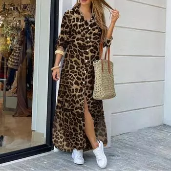 Женское летнее платье-рубашка с длинным рукавом и леопардовым принтом S серый