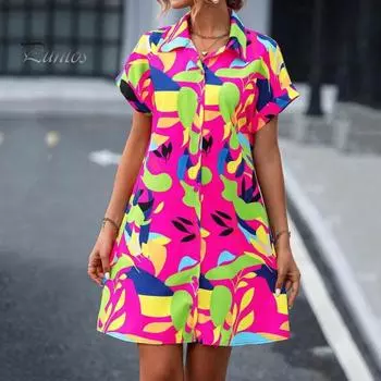 Женское летнее платье-рубашка с красочным принтом и отложным воротником с короткими рукавами, однобортный кардиган трапециевидной формы, свободное мини-платье для свиданий L красный