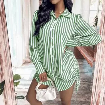 Женское летнее платье-рубашка с лацканами и длинными рукавами, мини-платье с боковым шнурком, однобортное платье-рубашка в полоску с принтом S фиолетовый