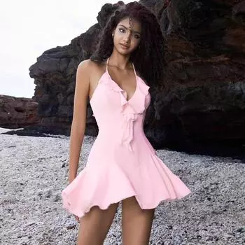 Женское летнее платье-рюкзак с оборками и V-образным вырезом, сексуальное, со шнуровкой и бедрами S розовый