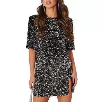 Женское летнее платье с блестящими пайетками и короткими рукавами с разрезом подол, свободное платье трапециевидной формы с круглым вырезом для выпускного вечера, женское короткое платье XL чёрный