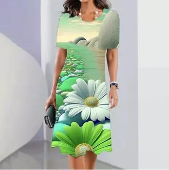 Женское летнее платье с бохо-цветочным принтом Vestido O-образный вырез с короткими рукавами и карманами Сарафан Модный повседневный элегантный праздничный халат 2XL