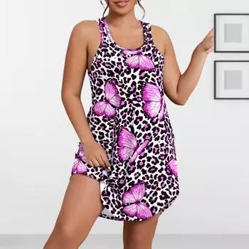 Женское летнее платье с бретелькой на шее, без рукавов, с леопардовым принтом и бабочкой, трапециевидное, свободное, с большой открытой спиной, длиной выше колена, мини-платье L синий
