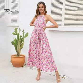 Женское летнее платье с бретелькой на шее и открытой спиной с цветочным принтом Узкая талия с открытыми плечами Плиссированная талия с поясом Без рукавов Трапециевидной формы Большой подол в богемном пляжном стиле S розы красного