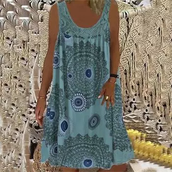 Женское летнее платье с цифровым принтом и круглым вырезом без рукавов, свободное плиссированное ажурное винтажное богемное женское мини-платье для отдыха 2XL синий