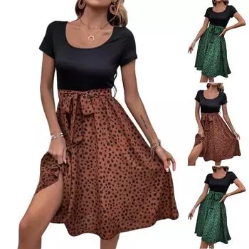 Женское летнее платье с цветными блоками, высокой талией, круглым вырезом и коротким рукавом в горошек L кофейный