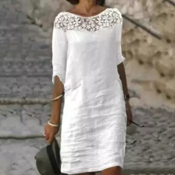 Женское летнее платье с цветочной аппликацией и половиной рукава с круглым вырезом, сплошной цвет длиной до колена, свободное платье миди для свиданий и покупок M белый