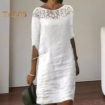 Женское летнее платье с цветочной аппликацией и половиной рукава с круглым вырезом, сплошной цвет длиной до колена, свободное платье миди для свиданий и покупок M белый