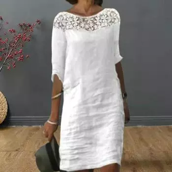 Женское летнее платье с цветочной аппликацией и половиной рукава с круглым вырезом, сплошной цвет длиной до колена, свободное платье миди для свиданий и покупок M белый