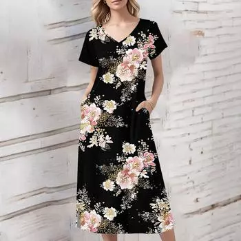 Женское летнее платье с цветочным принтом, пляжное платье с коротким рукавом и карманами, повседневное платье с V-образным вырезом и разрезом сбоку L синий