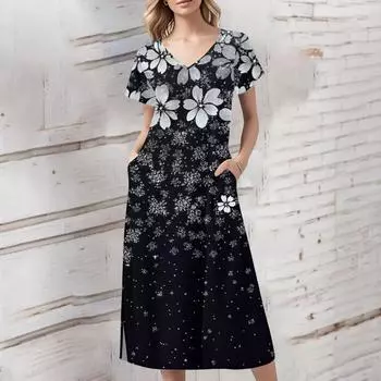 Женское летнее платье с цветочным принтом, пляжное платье с коротким рукавом и карманами, повседневное платье с V-образным вырезом и разрезом сбоку L чёрный