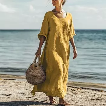 Женское летнее платье с цветочным принтом, с коротким рукавом, пляжное платье с карманами, повседневное платье-футболка с круглым вырезом, для путешествий и отпуска L жёлтый