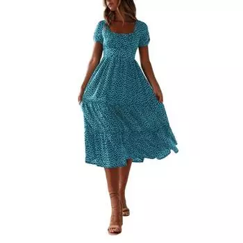 Женское летнее платье с цветочным принтом, с короткими рукавами, квадратным вырезом, оборками, многоярусное, расклешенное, А-силуэта, повседневное, летящее, в стиле бохо, пляжный сарафан S синий
