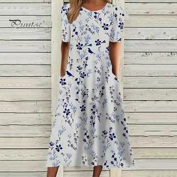 Женское летнее платье с цветочным принтом, круглым вырезом, короткими рукавами, карманами трапециевидной формы, свободный подол, длина до середины икры, дышащее мягкое повседневное повседневное платье миди S светло-синий