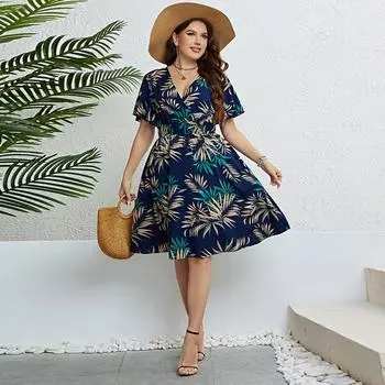 Женское летнее платье с цветочным принтом, высокий V-образный вырез, оборки, расклешенные рукава, платье трапециевидной формы с высокой талией, дышащее легкое платье средней длины для пляжной вечеринки XL синий