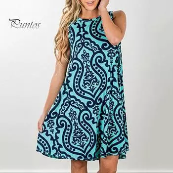 Женское летнее платье с цветочным принтом без рукавов и круглым вырезом, свободное трапециевидное мягкое дышащее платье длиной выше колена, повседневное пляжное мини-платье XL светло-зеленый