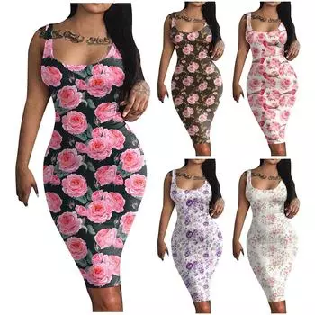 Женское летнее платье с цветочным принтом и круглым вырезом без рукавов, платье-майка, облегающее клубное пляжное платье миди, шерстяное платье L розовый