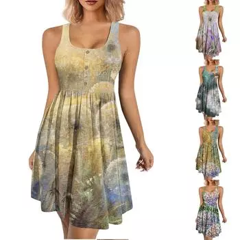 Женское летнее платье с цветочным принтом и пуговицами, тонкое сексуальное крутое платье на бретельках L золотой