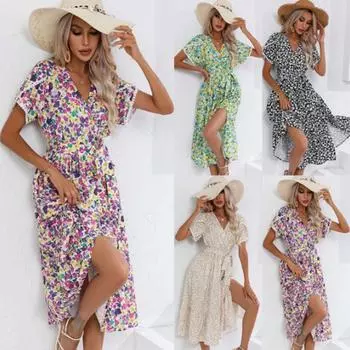 Женское летнее платье с цветочным принтом и V-образным вырезом, кружевные платья с короткими рукавами S чёрный