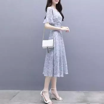 Женское летнее платье с цветочным принтом и рюшами, свободный подол, трапециевидное платье на шнуровке, пояс до середины икры, круглый вырез, обтягивающее платье с высокой талией и короткими рукавами, женское платье миди