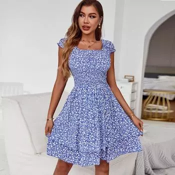 Женское летнее платье с цветочным принтом, квадратный воротник, короткий рукав, облегающее, с высокой талией, с открытыми плечами, черный, синий, красный, желтый, S-XXL S чёрный