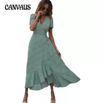 Женское летнее платье с цветочным принтом и v-образным вырезом, кардиган с галстуком и коротким рукавом, богемные качели, праздничные платья S зелёный