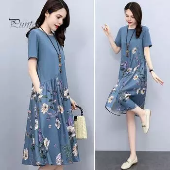 Женское летнее платье с цветочным принтом в стиле пэчворк с круглым вырезом и короткими рукавами трапециевидной формы в стиле ретро до середины икры, декор на пуговицах, женское повседневное платье миди для свиданий M синий