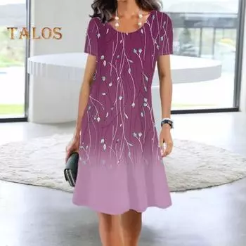 Женское летнее платье с цветочным принтом и короткими рукавами, контрастное градиентное платье трапециевидной формы, свободное с круглым вырезом длиной до колена, мягкое дышащее женское платье миди M фиолетовый