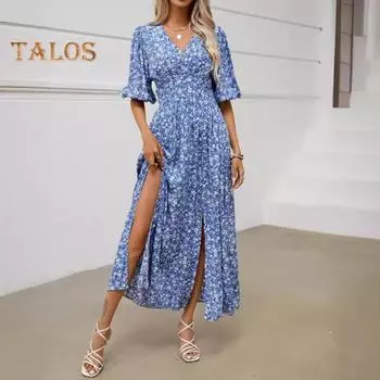 Женское летнее платье с цветочным принтом, V-образный вырез, декор на пуговицах, половина рукава, разрез до середины икры, богемный пляжный стиль, трапециевидная форма, узкая высокая талия, леди миди XL королевский синий