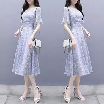Женское летнее платье с цветочным принтом и рюшами, свободный подол, трапециевидное платье на шнуровке, пояс до середины икры, круглый вырез, обтягивающее платье с высокой талией и короткими рукавами, женское платье миди L синий