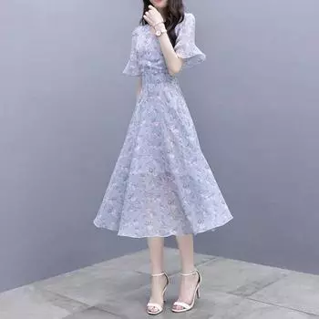 Женское летнее платье с цветочным принтом и рюшами, свободный подол, трапециевидное платье на шнуровке, пояс до середины икры, круглый вырез, обтягивающее платье с высокой талией и короткими рукавами, женское платье миди L синий